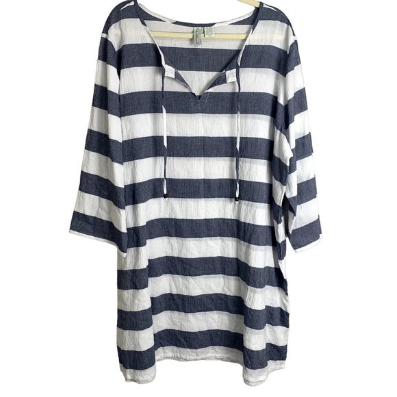Palm Island Tops - Palm Island Womens Blue White Stripe 100% Cotton Tunic Blouse Size 3X Tie Front